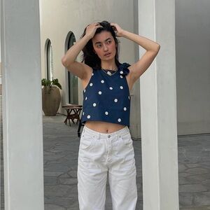 Sezane Navy Polka Dot Tie-Shoulder Top